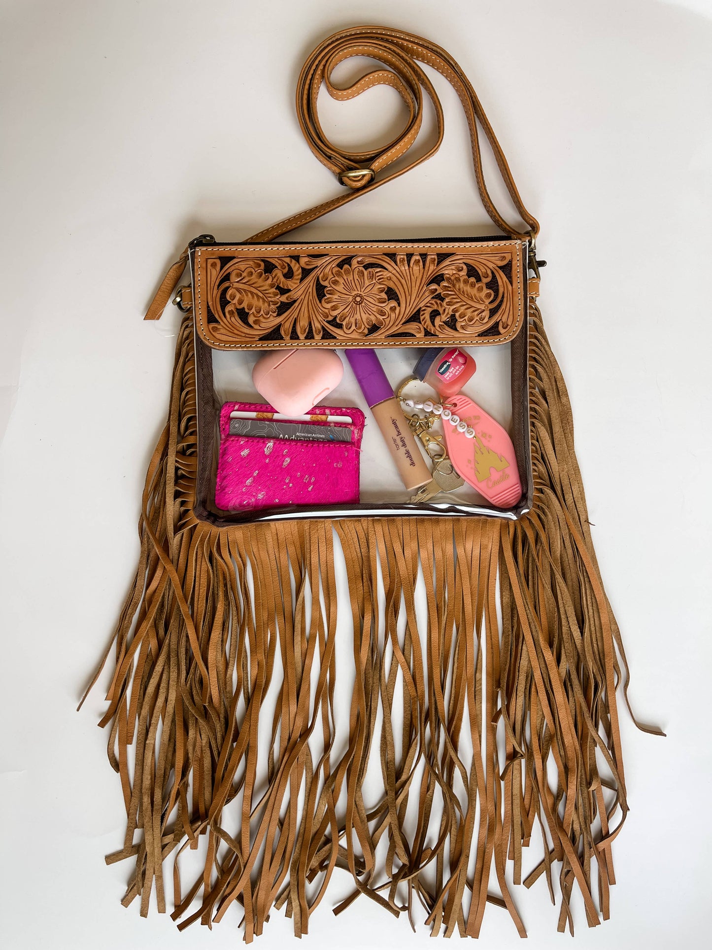 Boho Ranch Shop - Hand Tooled Clear Purse Crossbody - Concert Game Day Stadium: BROWN/ TURQUOISE