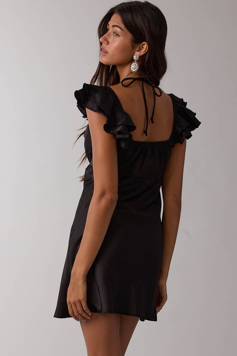 Sky to Moon - SATIN RUFFLE WING SLEEVE SCELLOP LACE MINI DRESS: BLACK / M