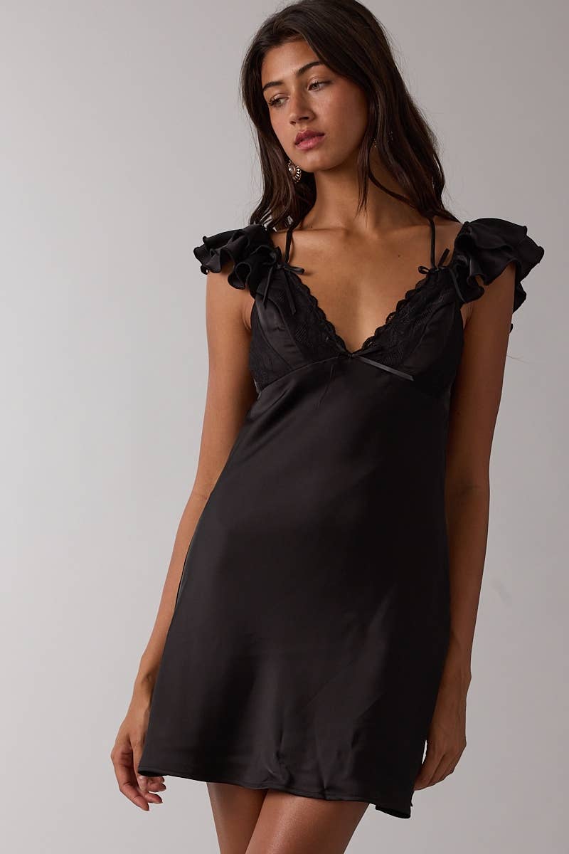Sky to Moon - SATIN RUFFLE WING SLEEVE SCELLOP LACE MINI DRESS: BLACK / L