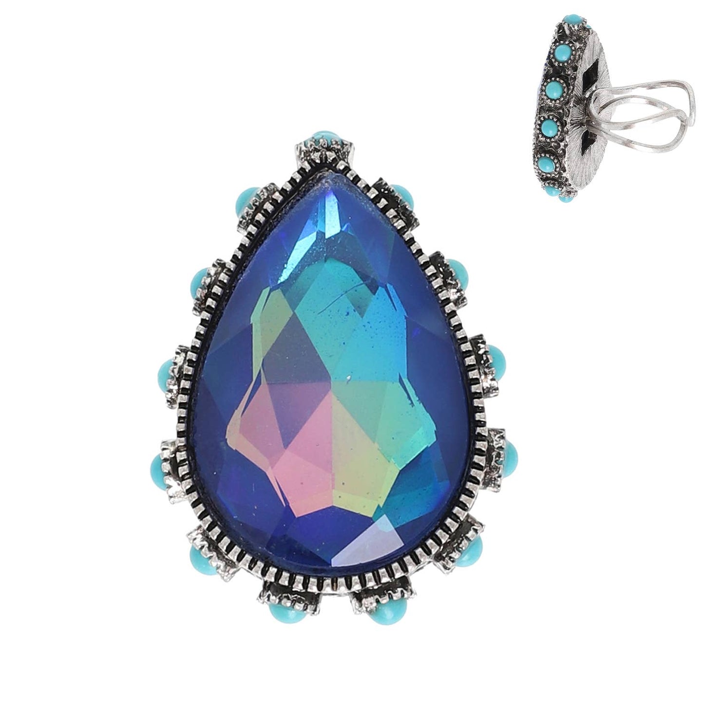 SP Sophia Collection - Western Teardrop Cut Crystal Stretch Ring: Turquoise Iridescent
