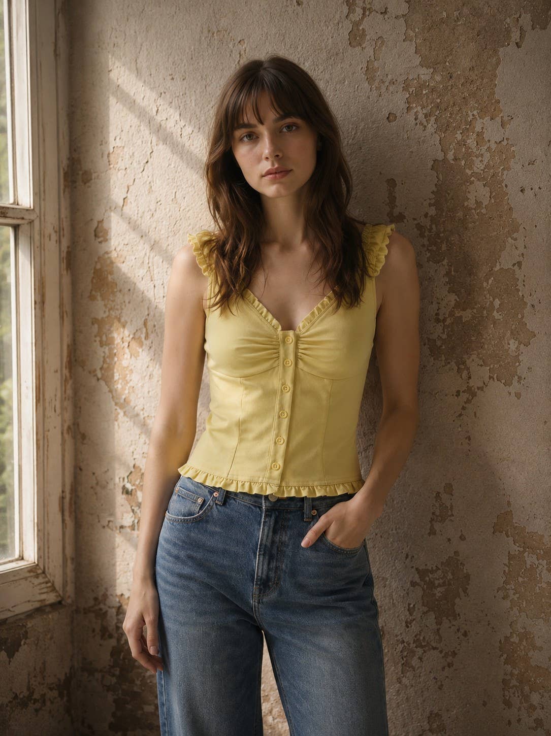 J LINE - RUFFLE STRAP BUTTON DOWN FITTED TOP: DENIM / S-M-L(2-2-2)