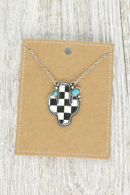 SP Sophia Collection - Western Checkerboard Cactus Pendant Necklace