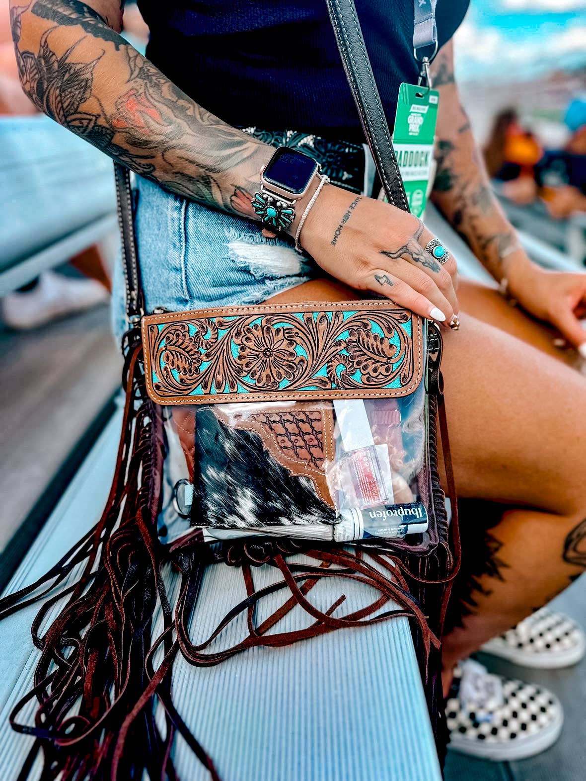 Boho Ranch Shop - Hand Tooled Clear Purse Crossbody - Concert Game Day Stadium: TAN/ BROWN