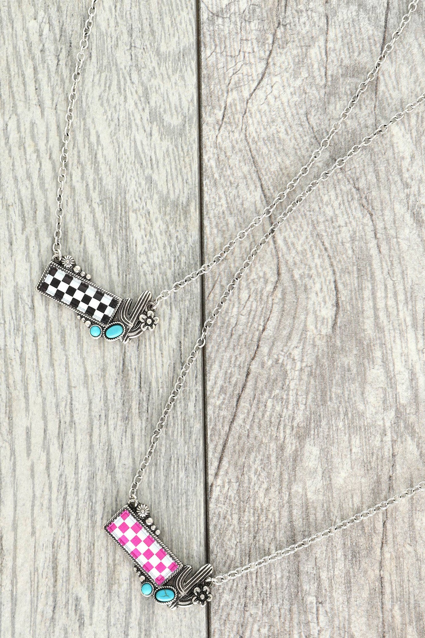 SP Sophia Collection - Western Checkerboard Cactus Pendant Necklace : Pink