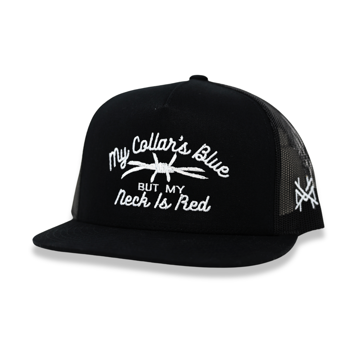 The Mad Hatter Co - My Collar's Blue but my Neck is Red Trucker Hat: Flat Bill Black