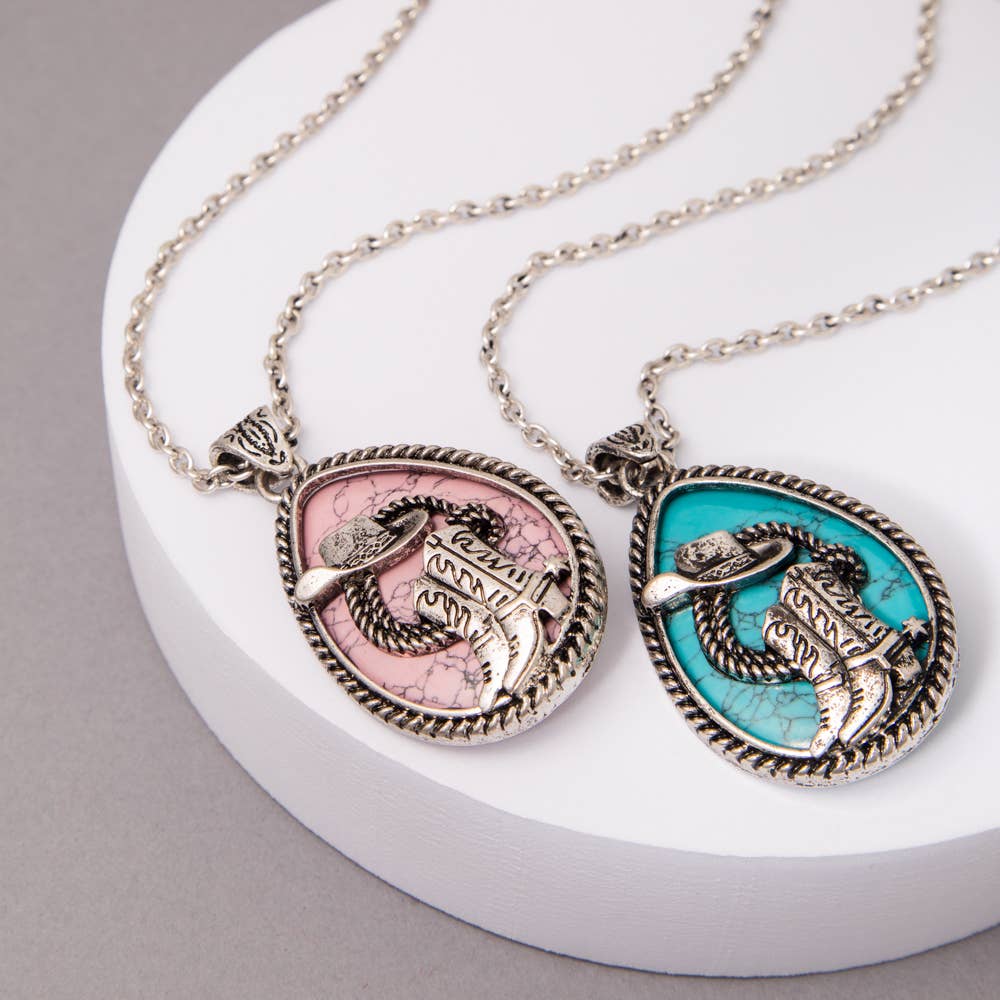 SP Sophia Collection - Western Turquoise Hat & Boot Teardrop Pendant Necklace: Blue
