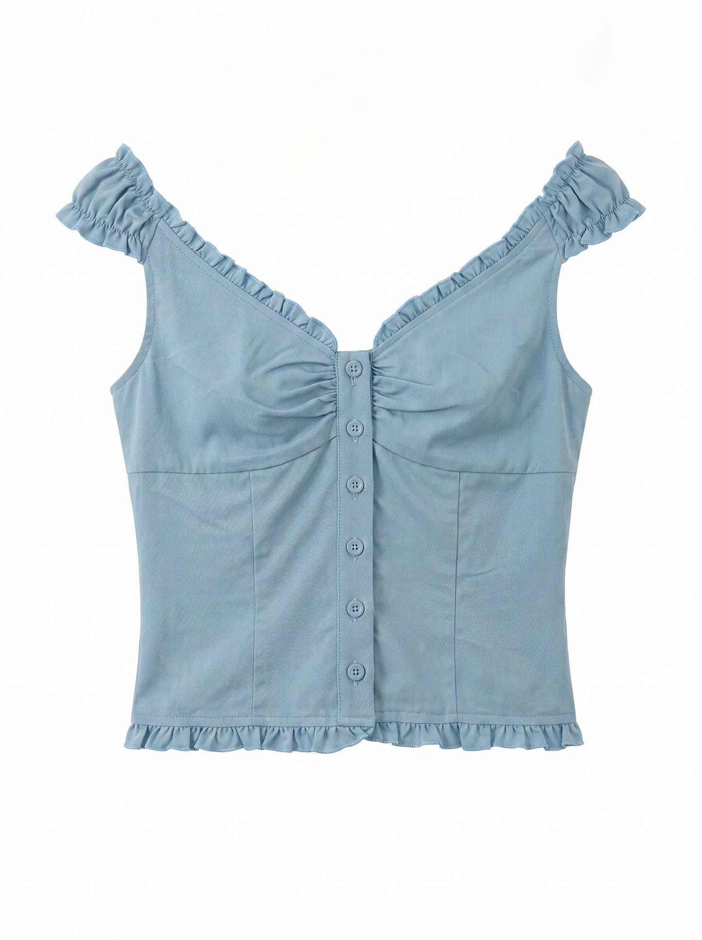 J LINE - RUFFLE STRAP BUTTON DOWN FITTED TOP: DENIM / S-M-L(2-2-2)