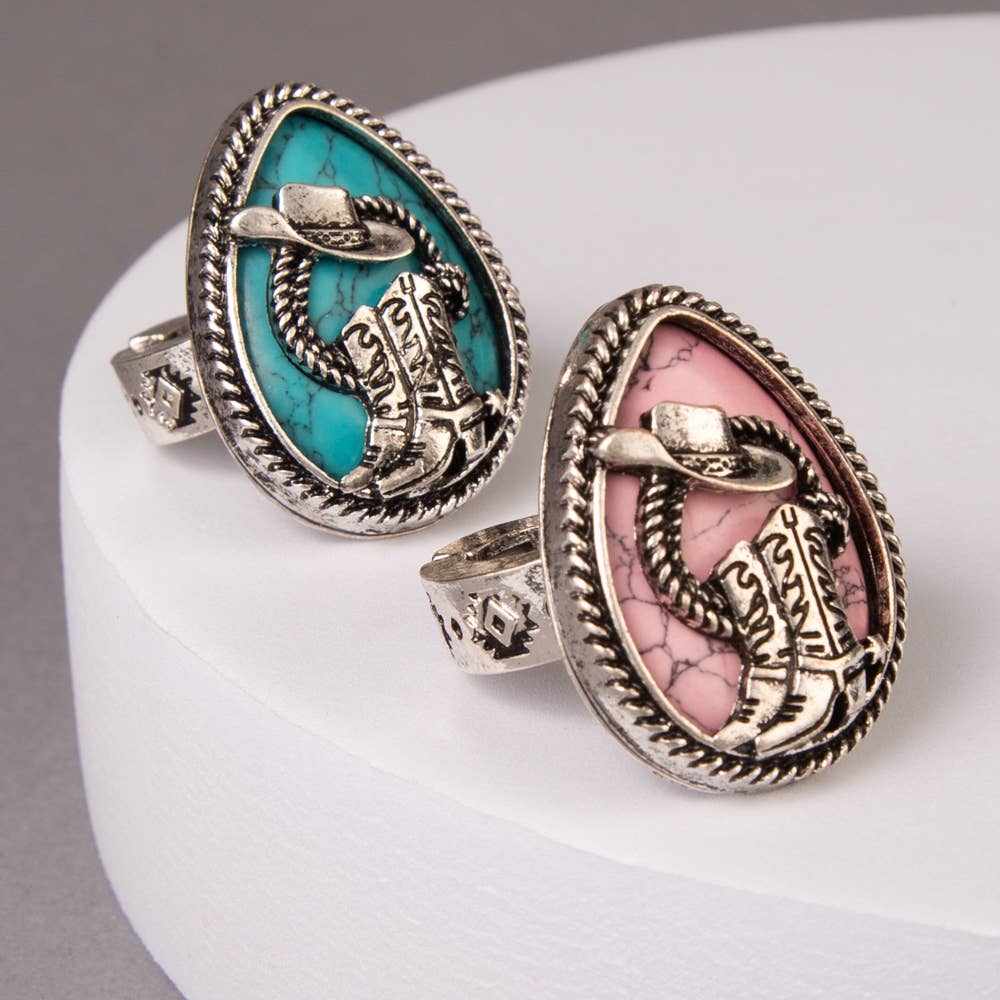SP Sophia Collection - Western Hat & Boot Turquoise Teardrop Stretch Ring: Blue
