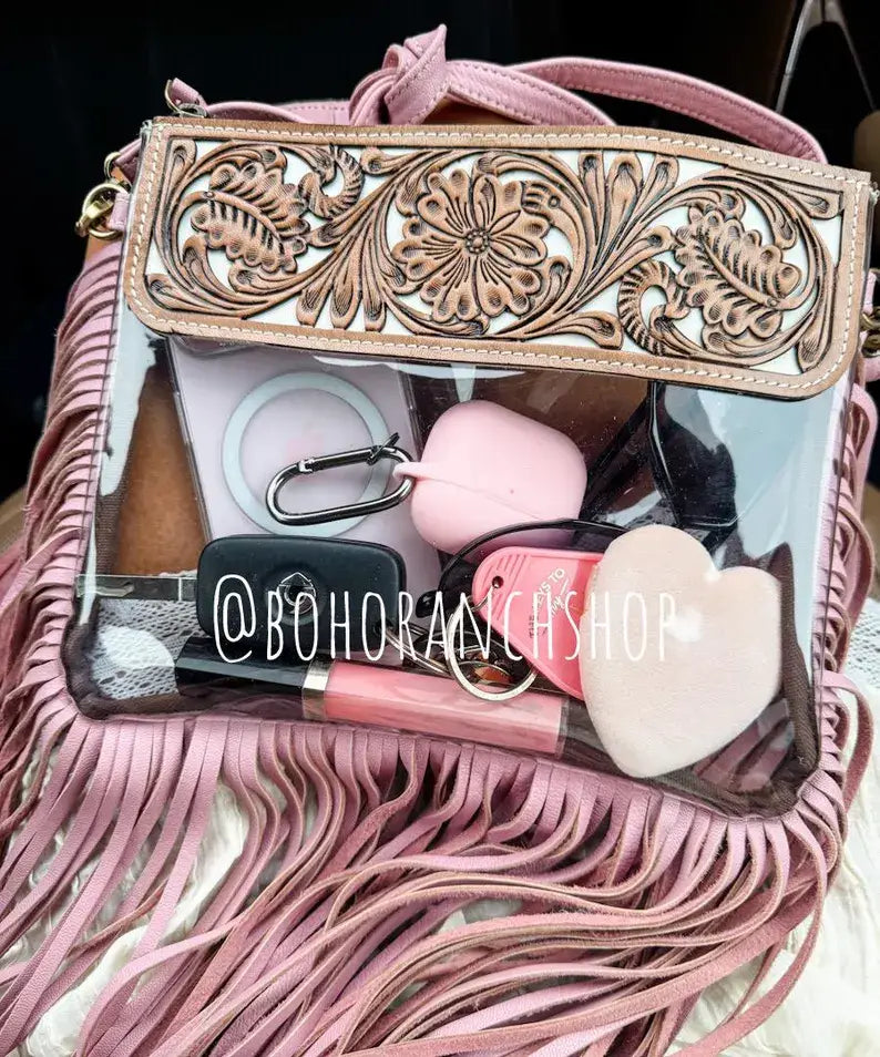 Boho Ranch Shop - Hand Tooled Clear Purse Crossbody - Concert Game Day Stadium: BROWN/ TURQUOISE