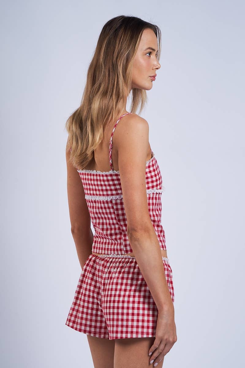 Sky to Moon - GINGHAM CHECKER LACE RIBBON POINT CAMI TOP: RED GINGHAM / S