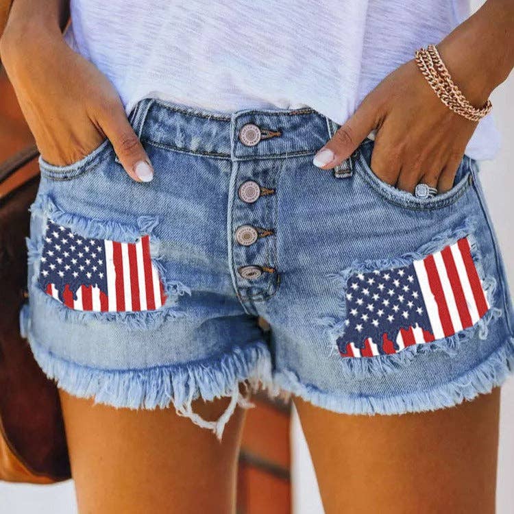 Modest Barbie - Trendy Denim Cut-Off Shorts With Flag Patch And Letter Print: Flag Patch / XXL