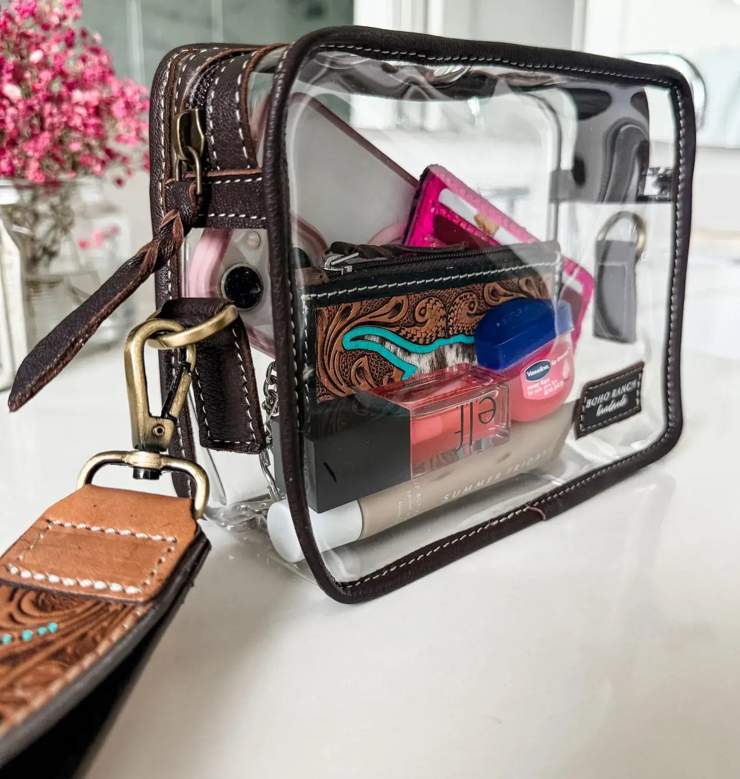 Boho Ranch Shop - DARLA CLEAR WRISTLET | transparent western purse - game day : BROWN