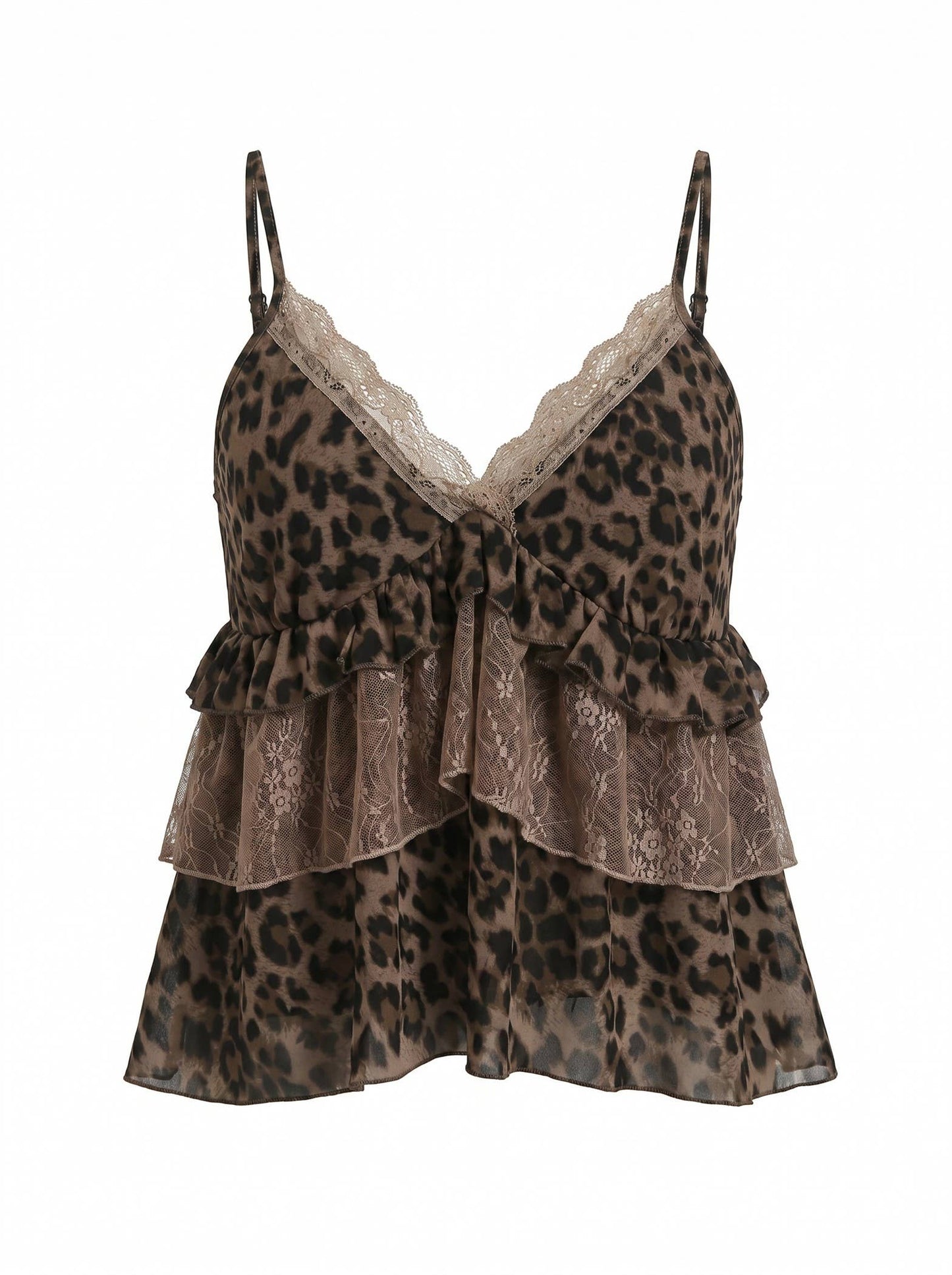 J LINE - LEOPARD LACE TRIM RUFFLE LAYERED CAMI TOP: LEOPARD / S-M-L(2-2-2)