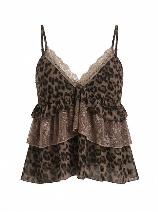 J LINE - LEOPARD LACE TRIM RUFFLE LAYERED CAMI TOP: LEOPARD / S-M-L(2-2-2)