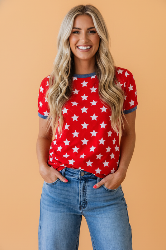 PRETTY BASH - PRETTY BASH Americana Stars Colorblock Short Sleeve Top: Red / L