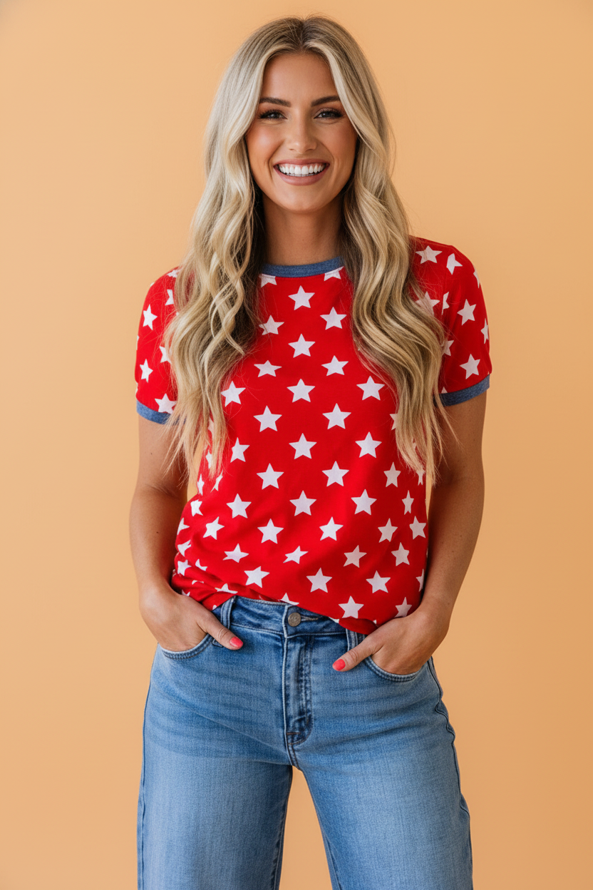 PRETTY BASH - PRETTY BASH Americana Stars Colorblock Short Sleeve Top: Red / S