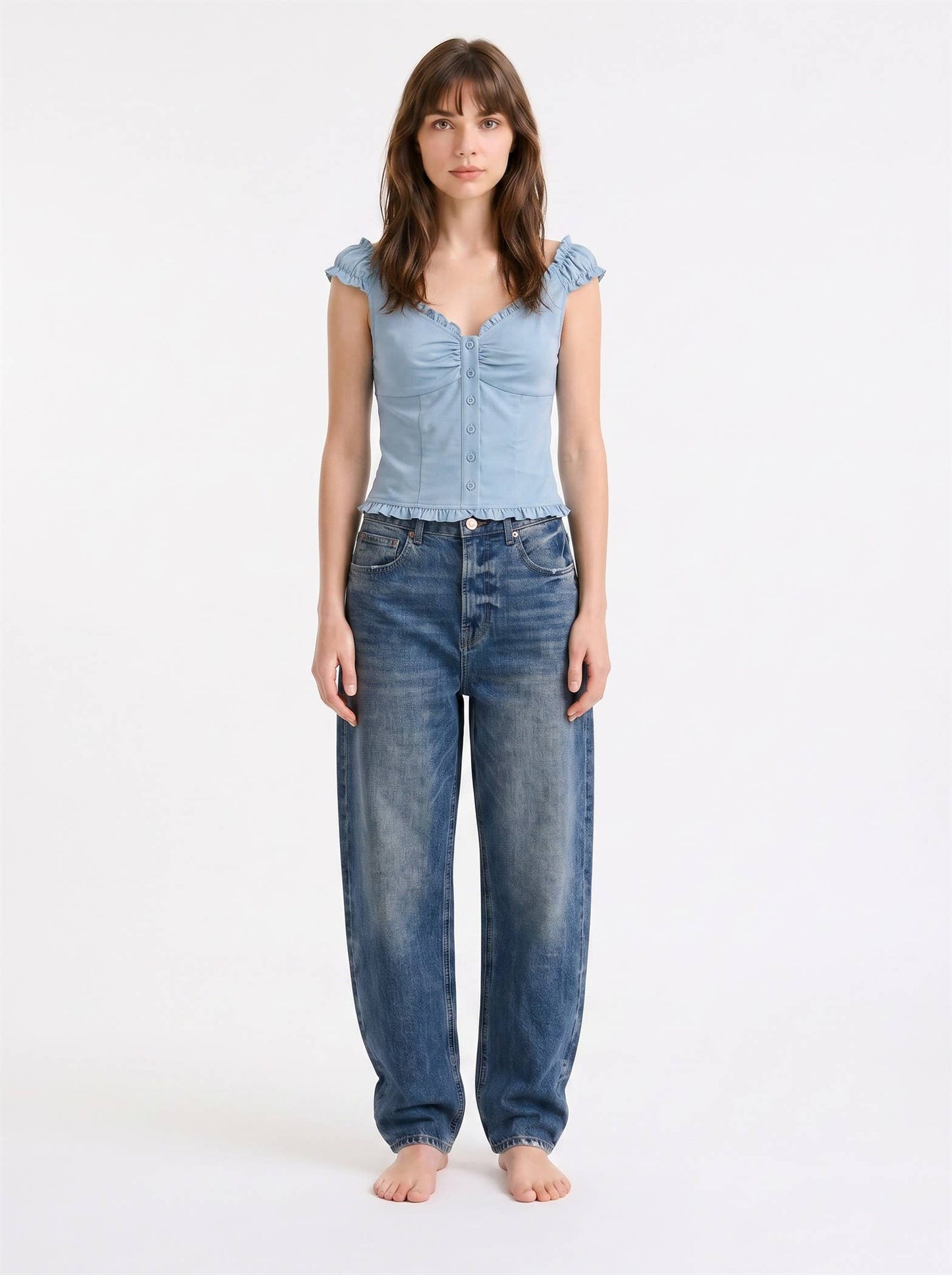 J LINE - RUFFLE STRAP BUTTON DOWN FITTED TOP: DENIM / S-M-L(2-2-2)