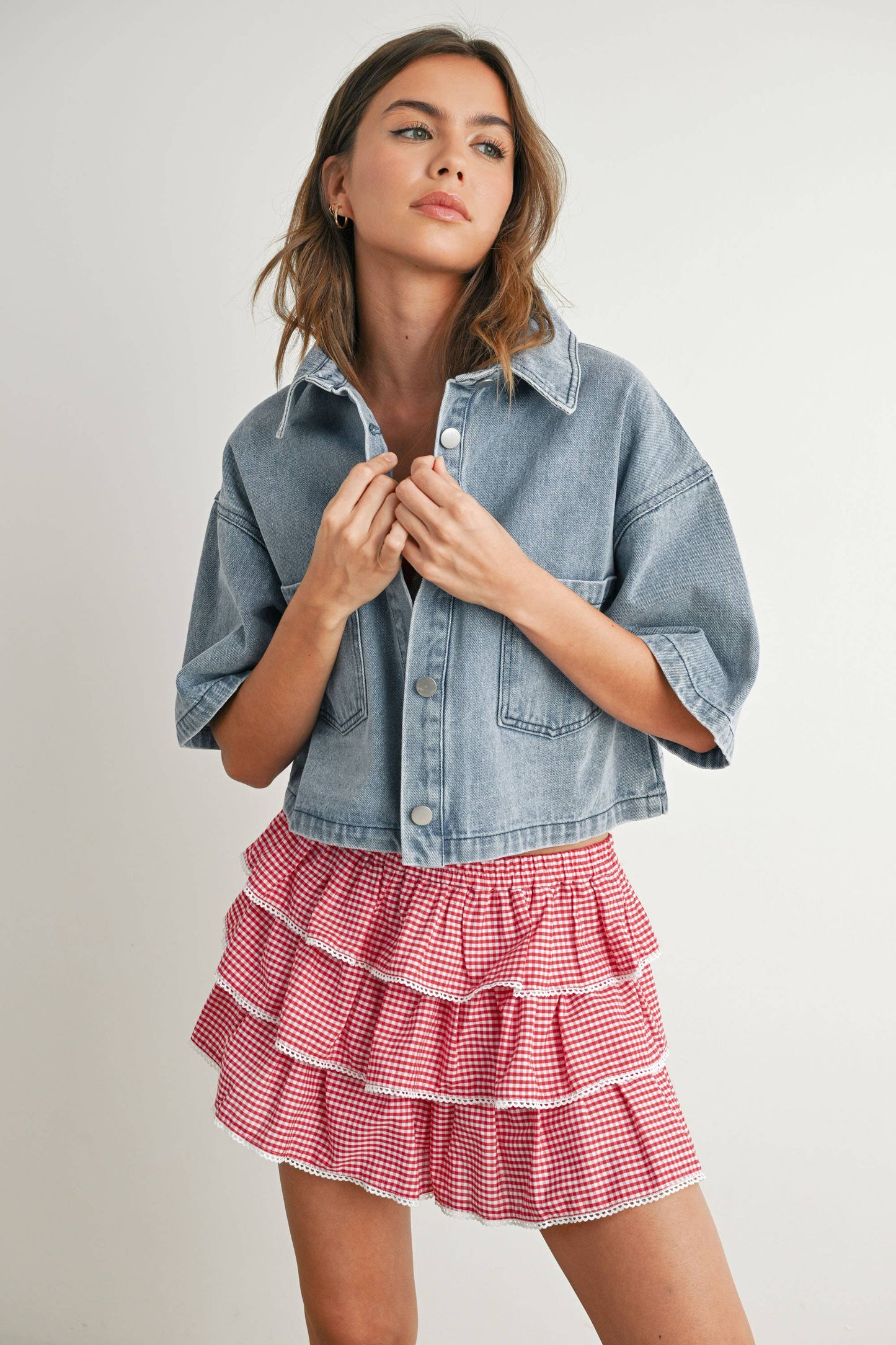 BUTTERMELON - Tiered Ruffle Mini Skort - BMP7719: RED / IVORY / L