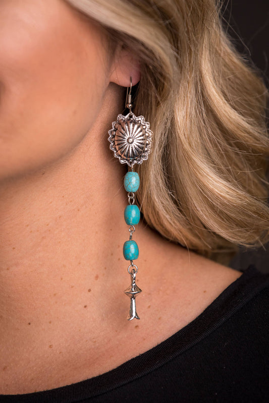 West & Co. - 4.5" Turquoise Drop Earring With Silver Concho and Blossom on Fishhook
