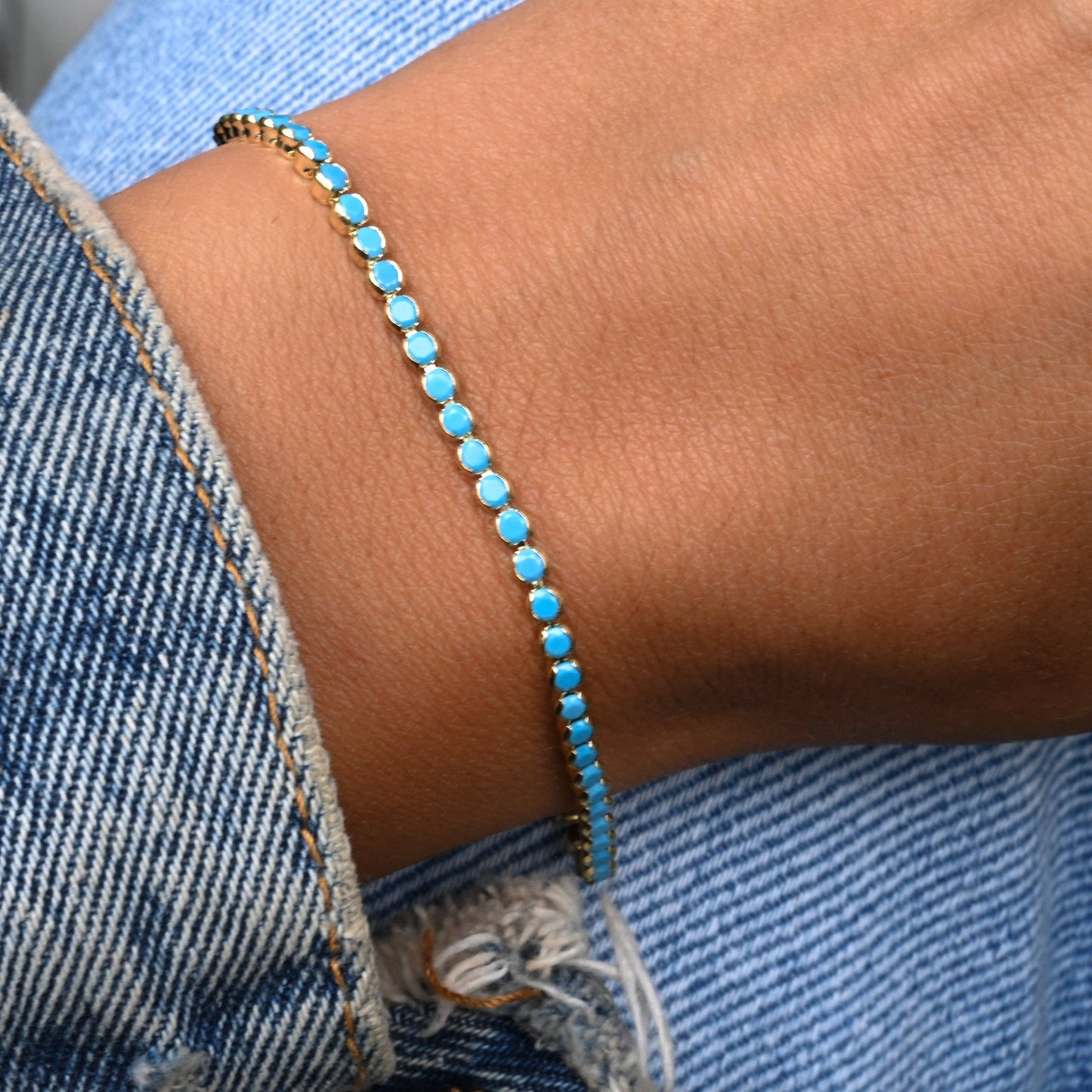 Sami Jewels - 3mm Turquoise Tennis Bracelet: 8" + 0.5" Ext / Gold