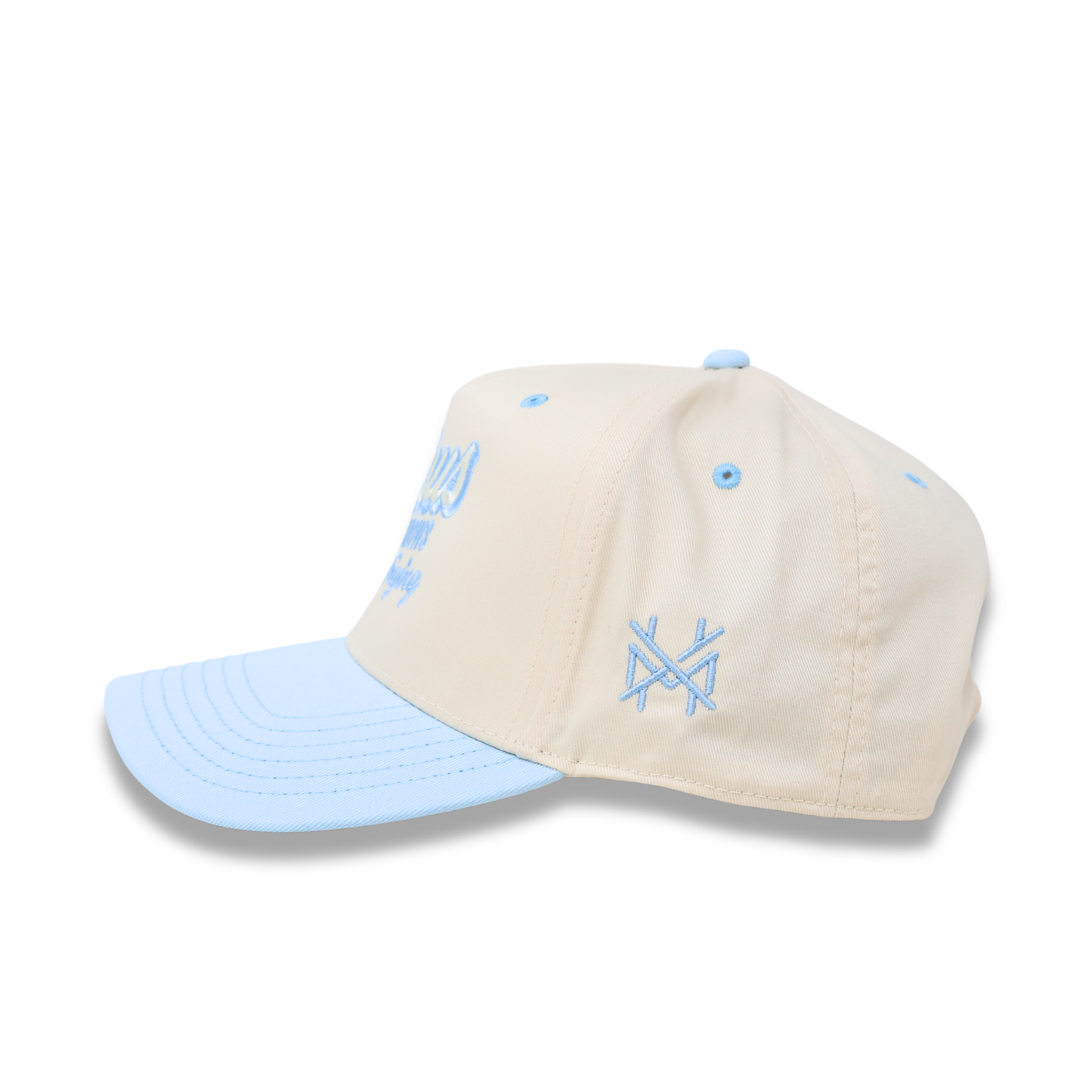 The Mad Hatter Co - Jesus Knows I'm Trying Trucker Hat: Retro Powder Blue/Natural