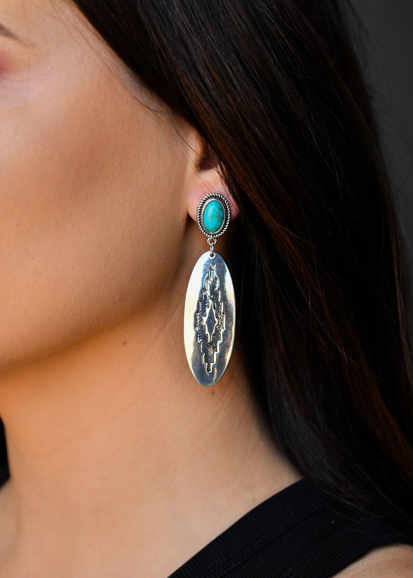 West & Co. - 3" Oval Aztec Stamped Earring on Turquoise Post