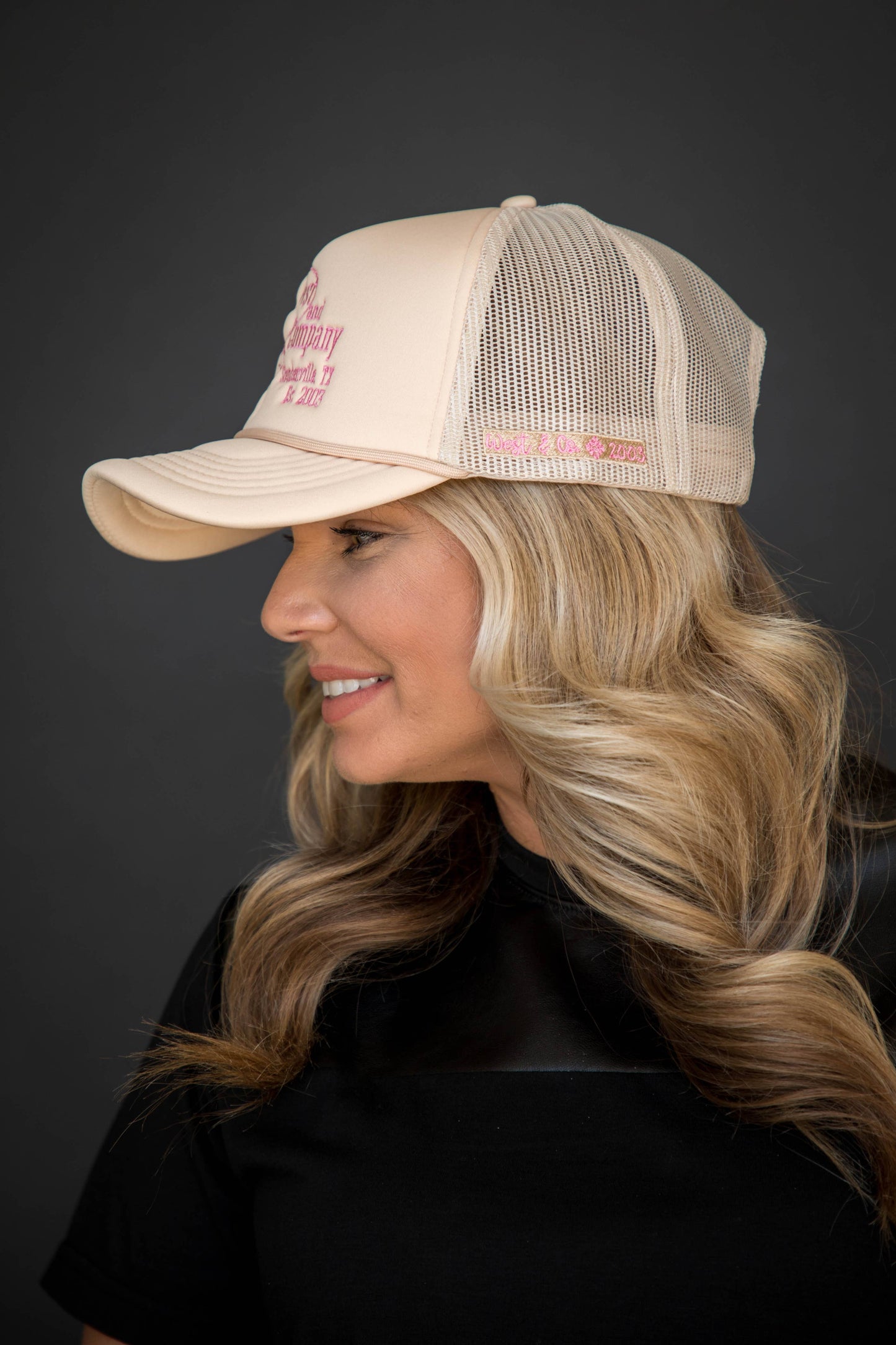West & Co. - Tan Trucker Cap w/ Embroidered Light Pink Cowgirl Era Design