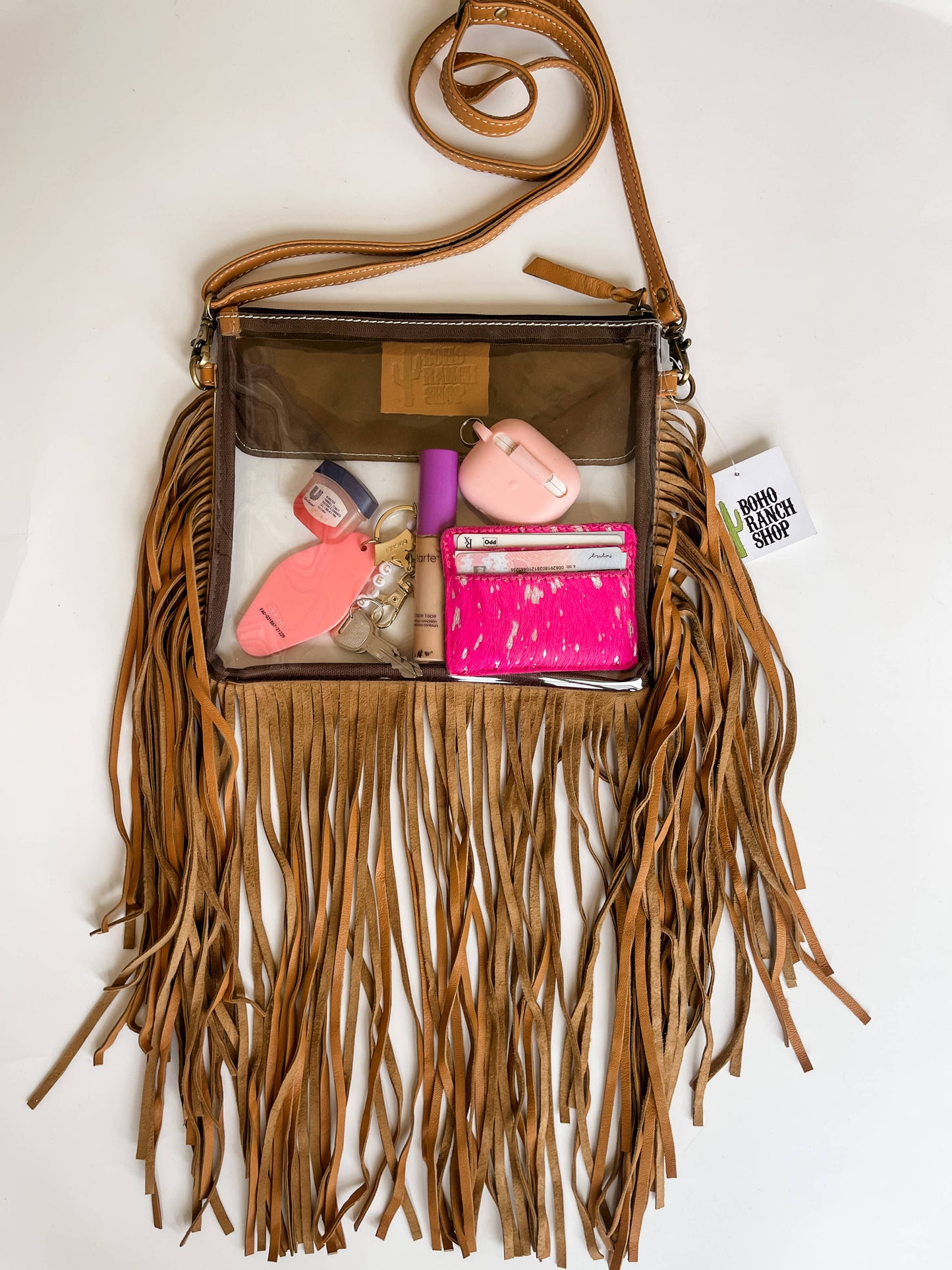 Boho Ranch Shop - Hand Tooled Clear Purse Crossbody - Concert Game Day Stadium: BROWN/ TAN