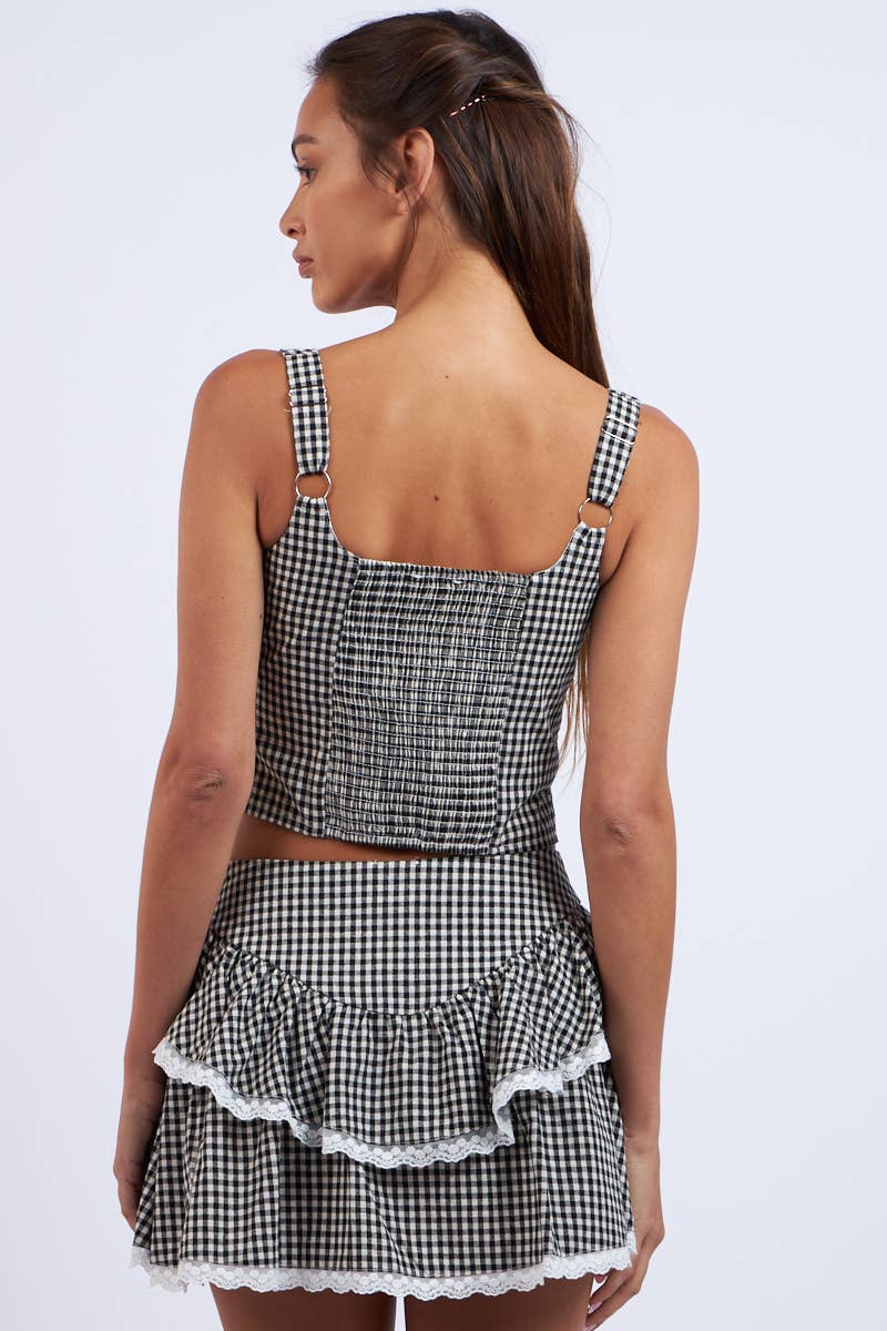 Sky to Moon - CHECKER PRINT FRONT BUTTON LACE TRIM CROP TOP: Black Checker / S