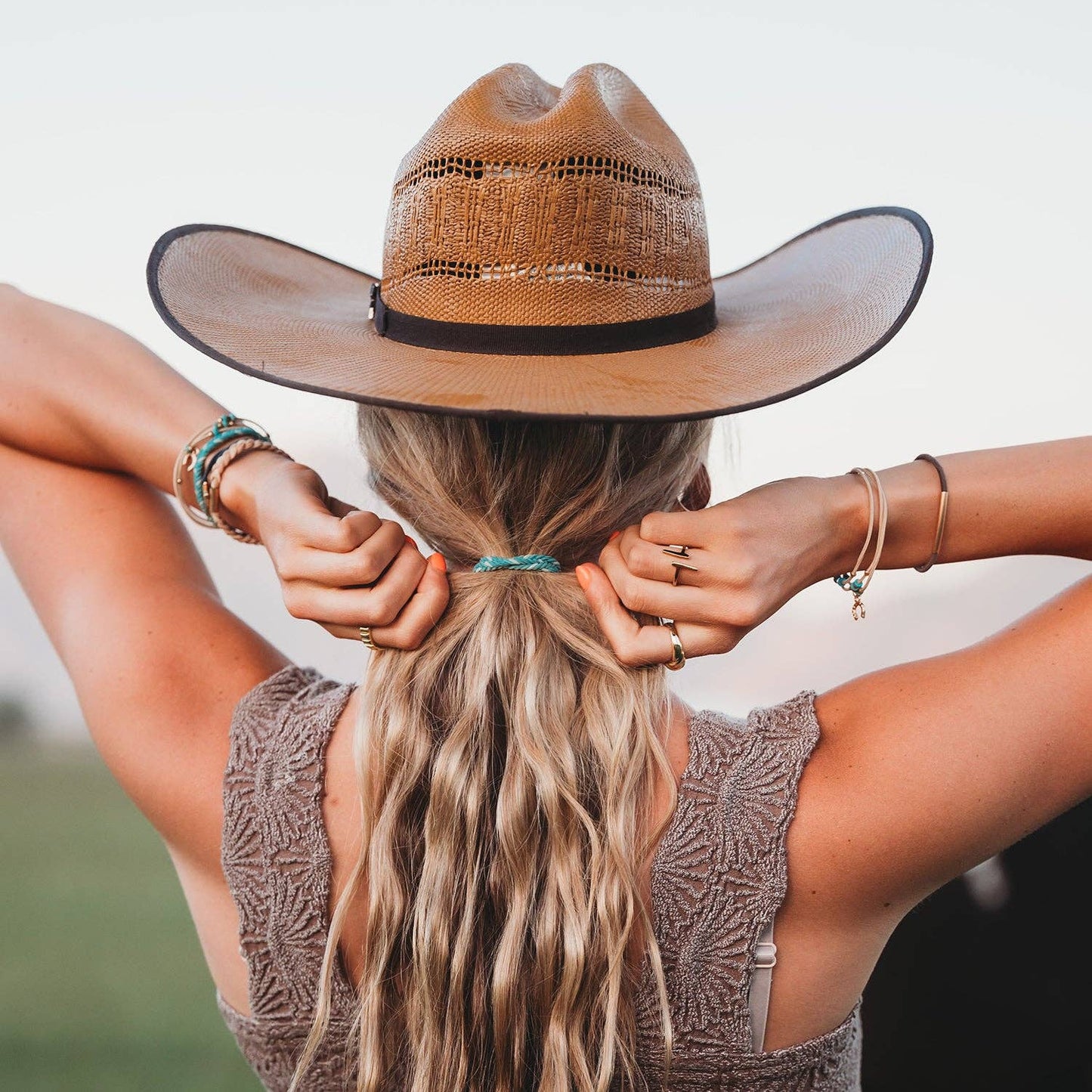 K'lani hair tie bracelets - "Stride" Turquoise with Gold Cowboy Boot Hair Tie Bracelets: Medium