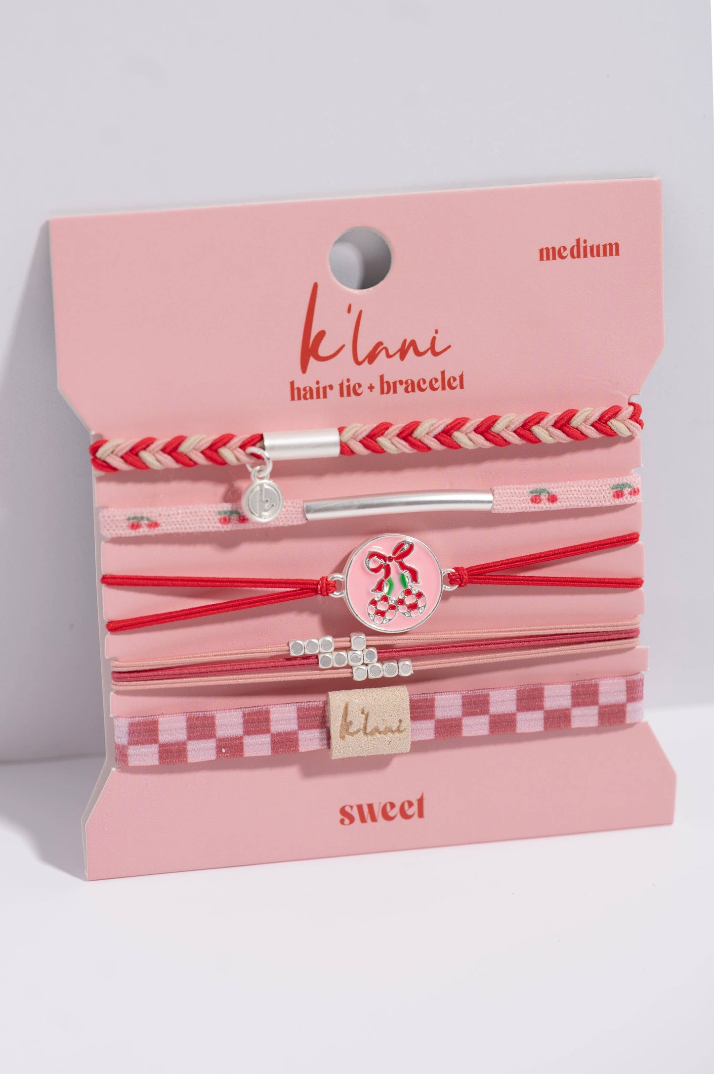 K'lani hair tie bracelets - "Sweet" Pink Cherry Hair Tie Bracelets: Medium