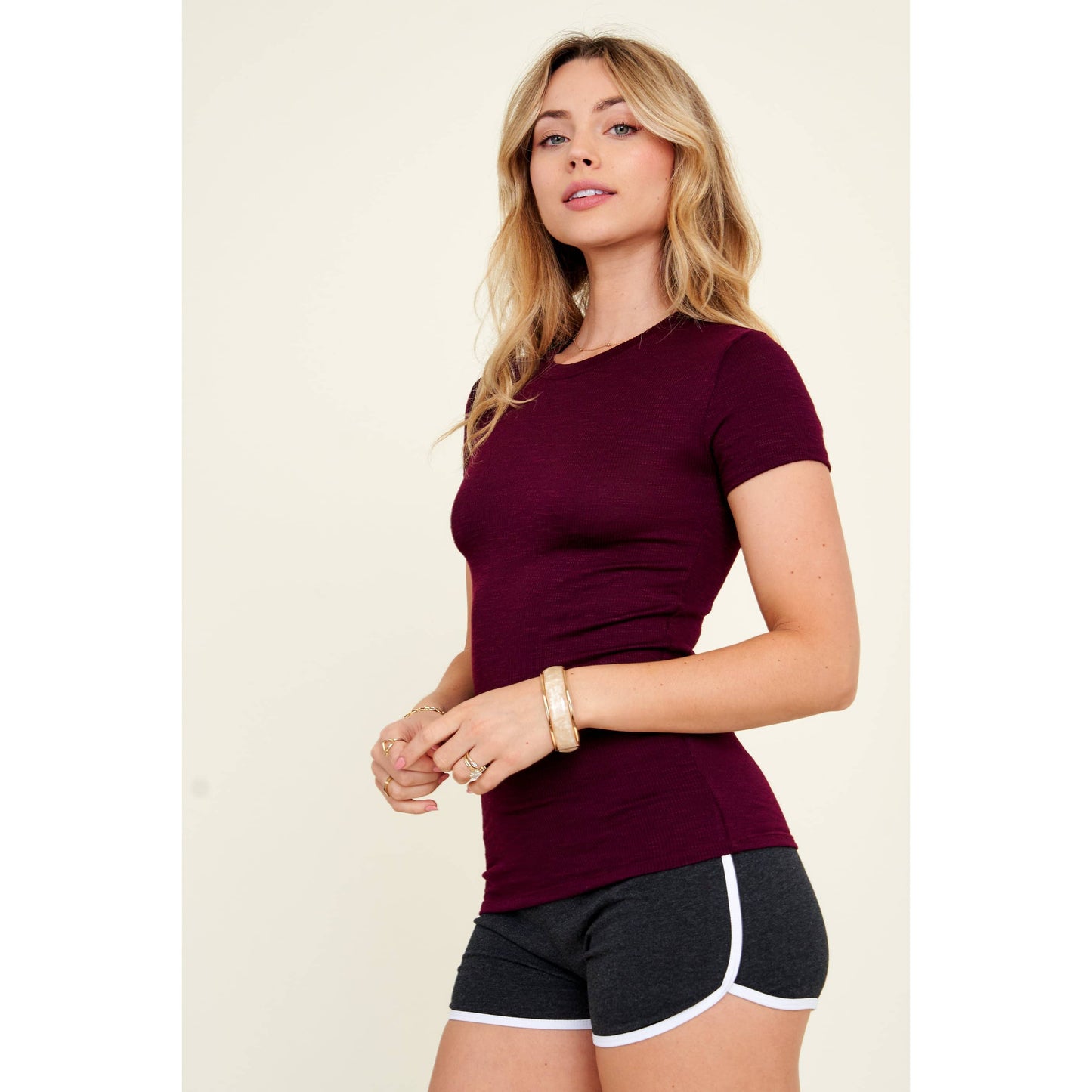 Popular 21 - Crew Neck Short Sleeve Rib Knit Basic Tee: Black / S-M-L(2-2-2)
