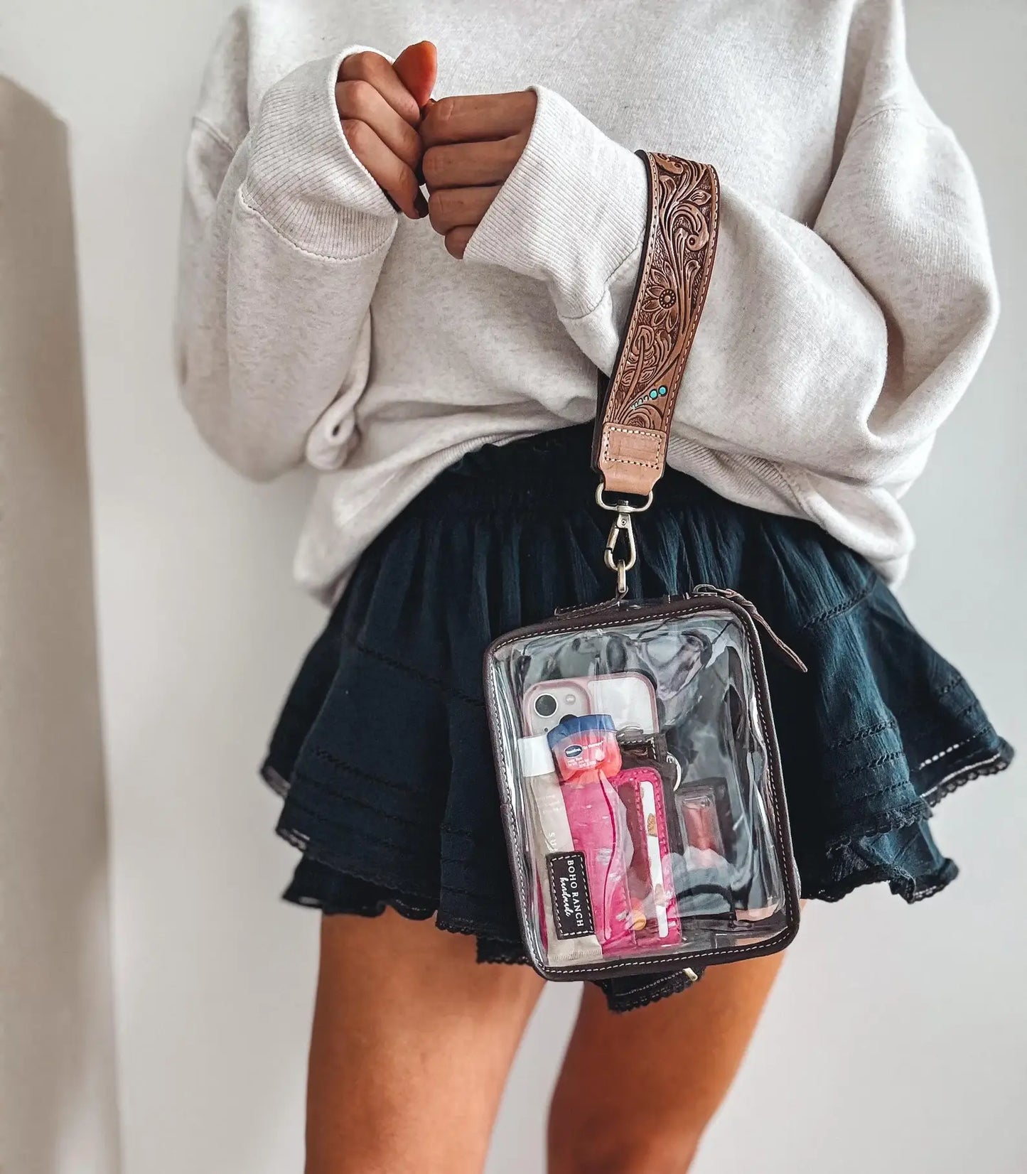 Boho Ranch Shop - DARLA CLEAR WRISTLET | transparent western purse - game day : BROWN