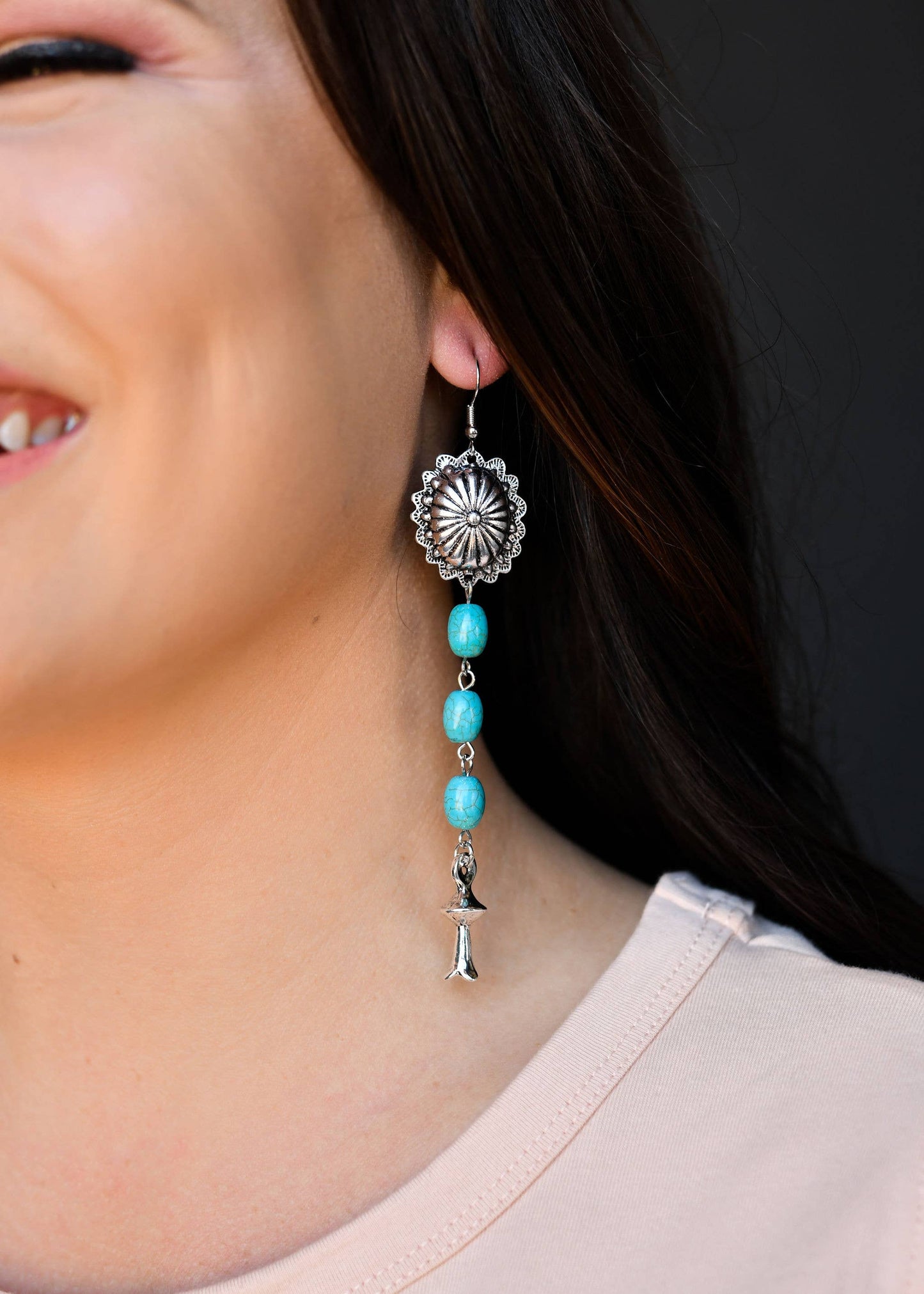 West & Co. - 4.5" Turquoise Drop Earring With Silver Concho and Blossom on Fishhook