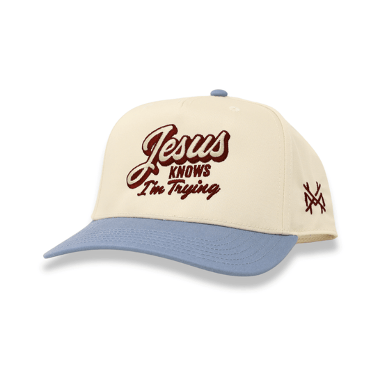 The Mad Hatter Co - Jesus Knows I'm Trying Trucker Hat: Retro Denim Blue/Natural