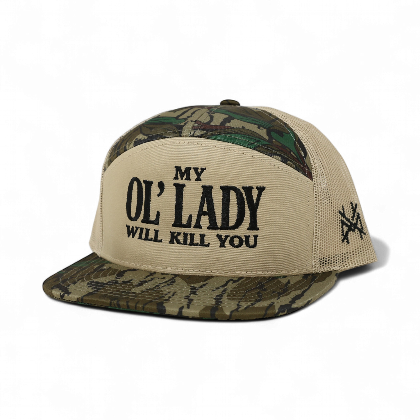 The Mad Hatter Co - My Ol Lady Will Kill You Trucker Hat: 7 Panel Bottomland/ Loden/ Bottomland
