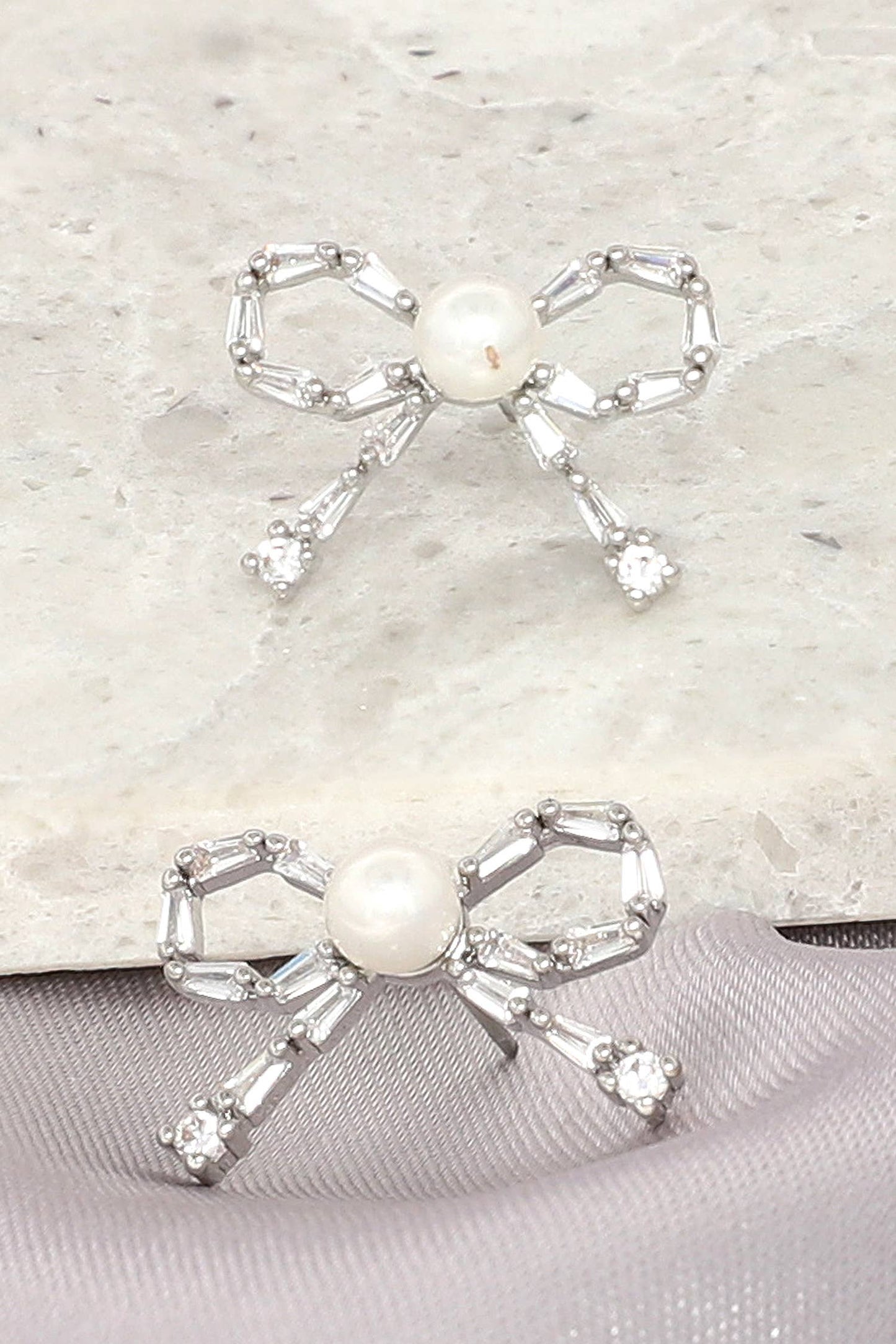 SP Sophia Collection - White Gold Plated Pearl CZ Bowknot Post Earrings