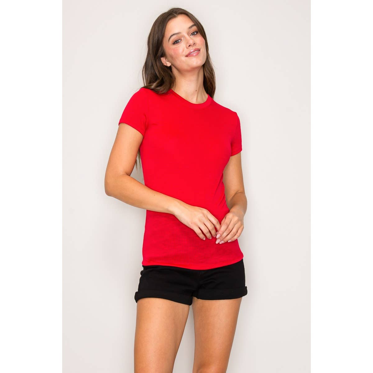 Popular 21 - Crew Neck Short Sleeve Rib Knit Basic Tee: Black / S-M-L(2-2-2)