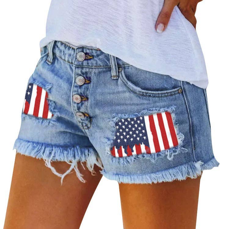 Modest Barbie - Trendy Denim Cut-Off Shorts With Flag Patch And Letter Print: Flag Patch / L