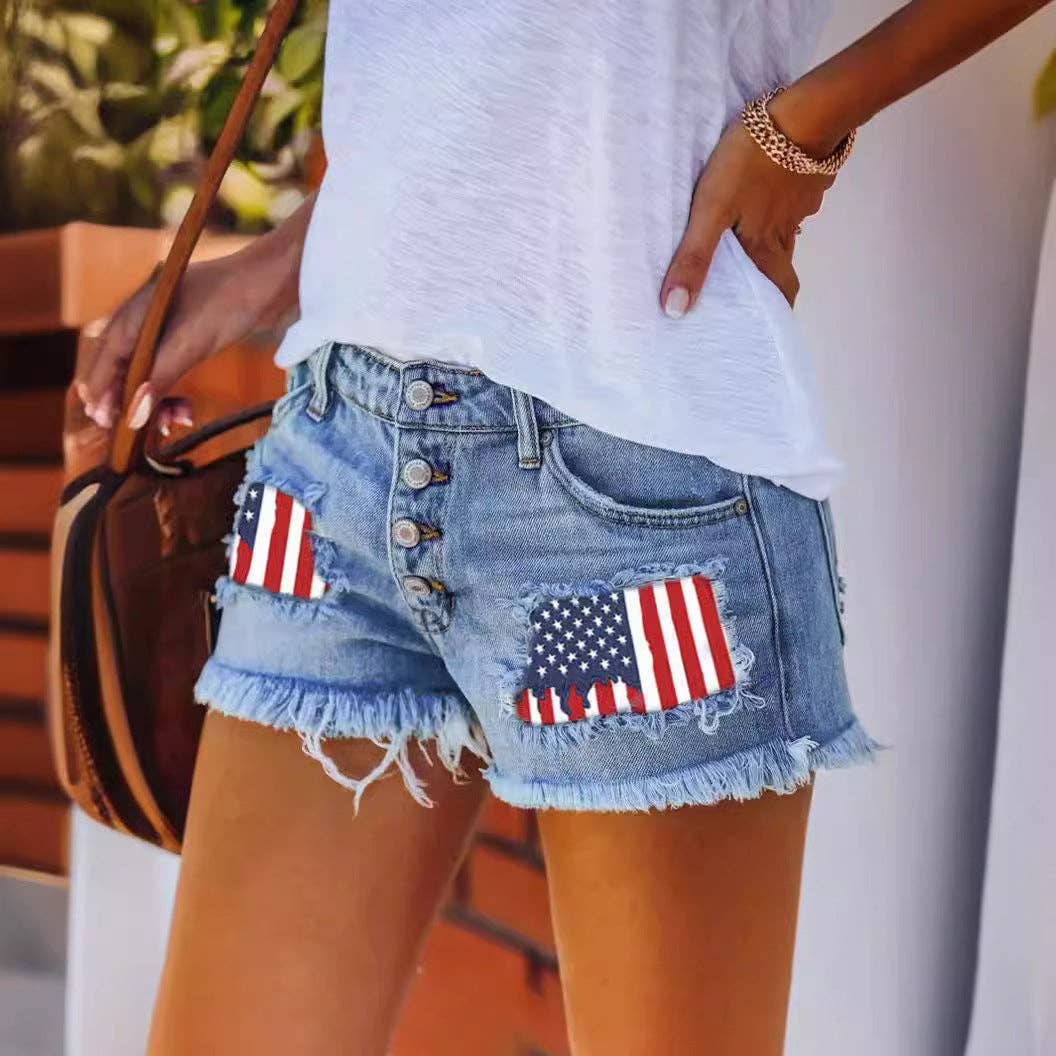 Modest Barbie - Trendy Denim Cut-Off Shorts With Flag Patch And Letter Print: Flag Patch / XXL