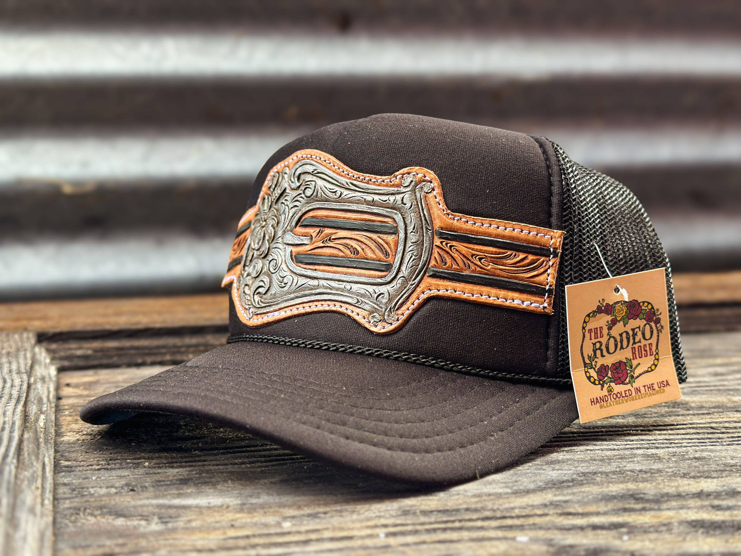 The Rodeo Rose - Silver Buckle Handtooled Leather Patch Cap