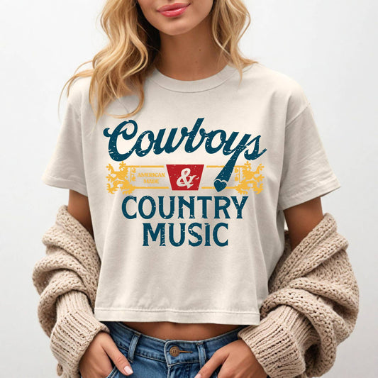 Daisy Dukez - Cowboys & Country Music Screenprinted Crop Tee  : L