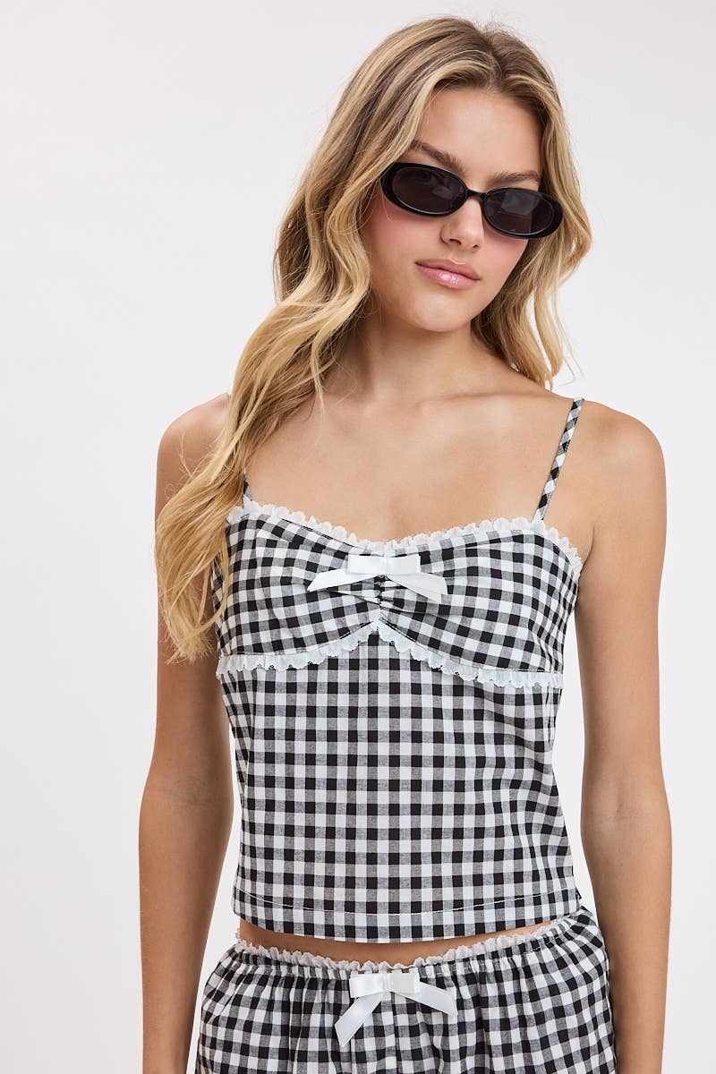 Sky to Moon - GINGHAM CHECKER LACE RIBBON POINT CAMI TOP: RED GINGHAM / M