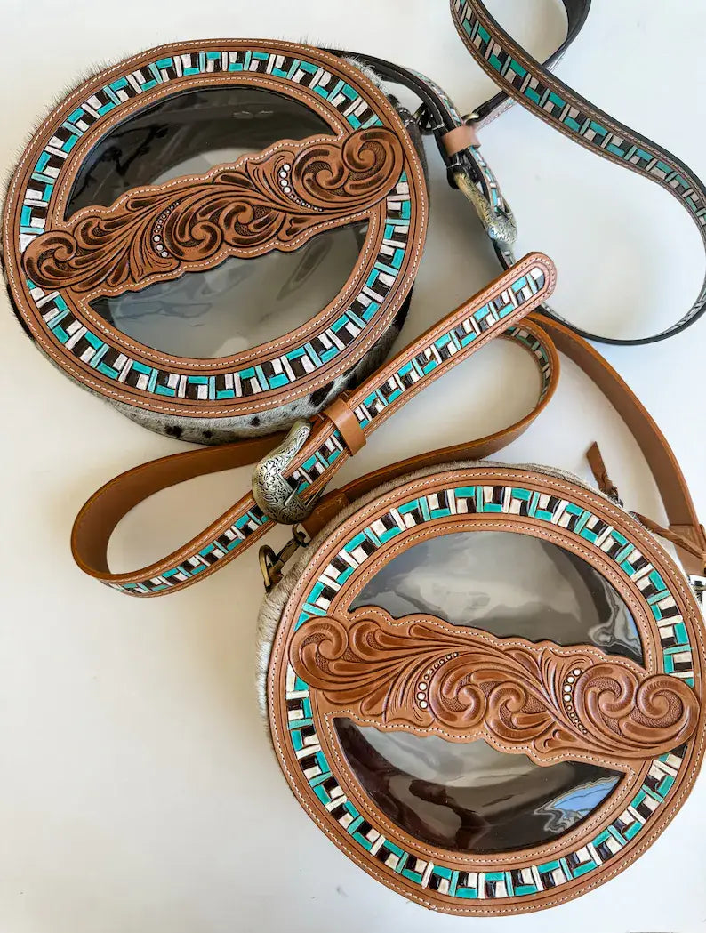 Boho Ranch Shop - JANIE CLEAR ROUND crossbody | hand tooled western festival: TAN