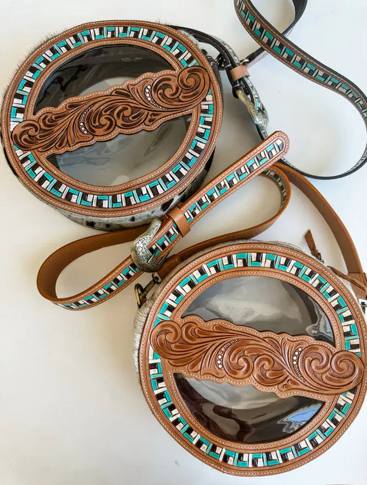 Boho Ranch Shop - JANIE CLEAR ROUND crossbody | hand tooled western festival: TAN