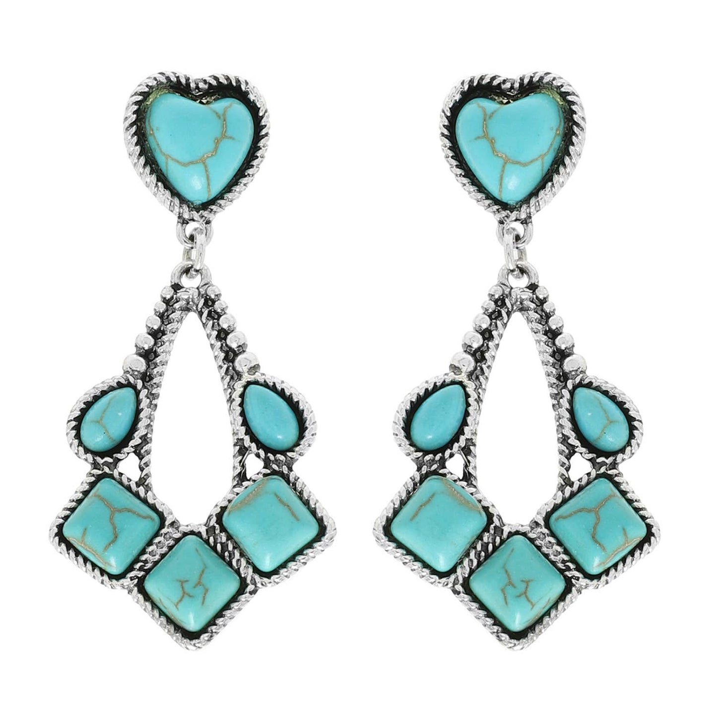 SP Sophia Collection - Western Jeweled Two tier Heart Teardrop Earrings  : Turquoise