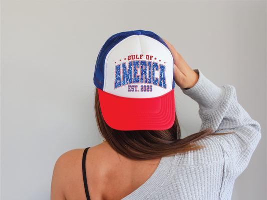 Southern Attitude Designs Inc - Gulf Of America DTF Printed Red/White/Blue Trucker Hat