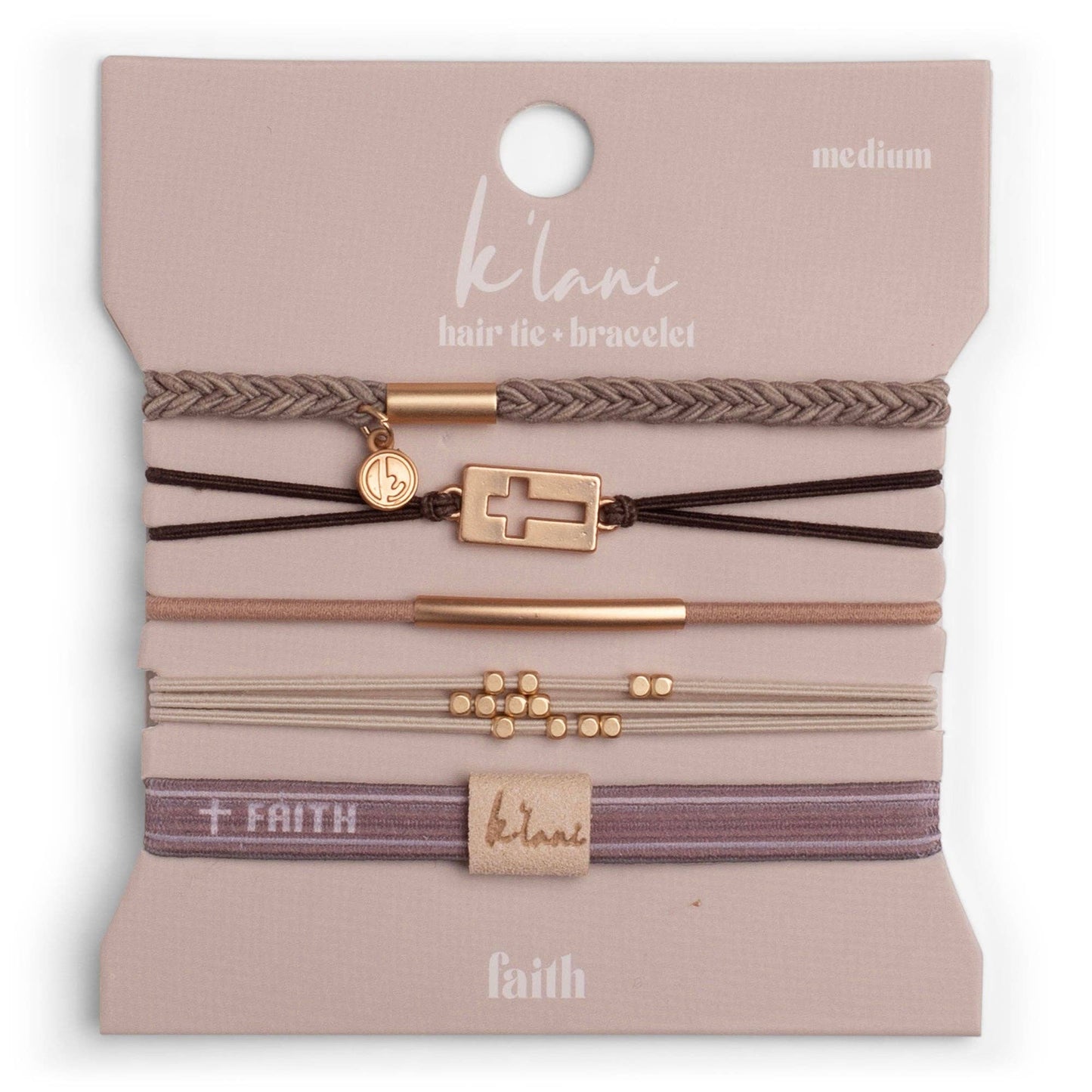 K'lani hair tie bracelets - "Faith" Warm Neutrals with Gold Cross Hair Tie Bracelets: Medium