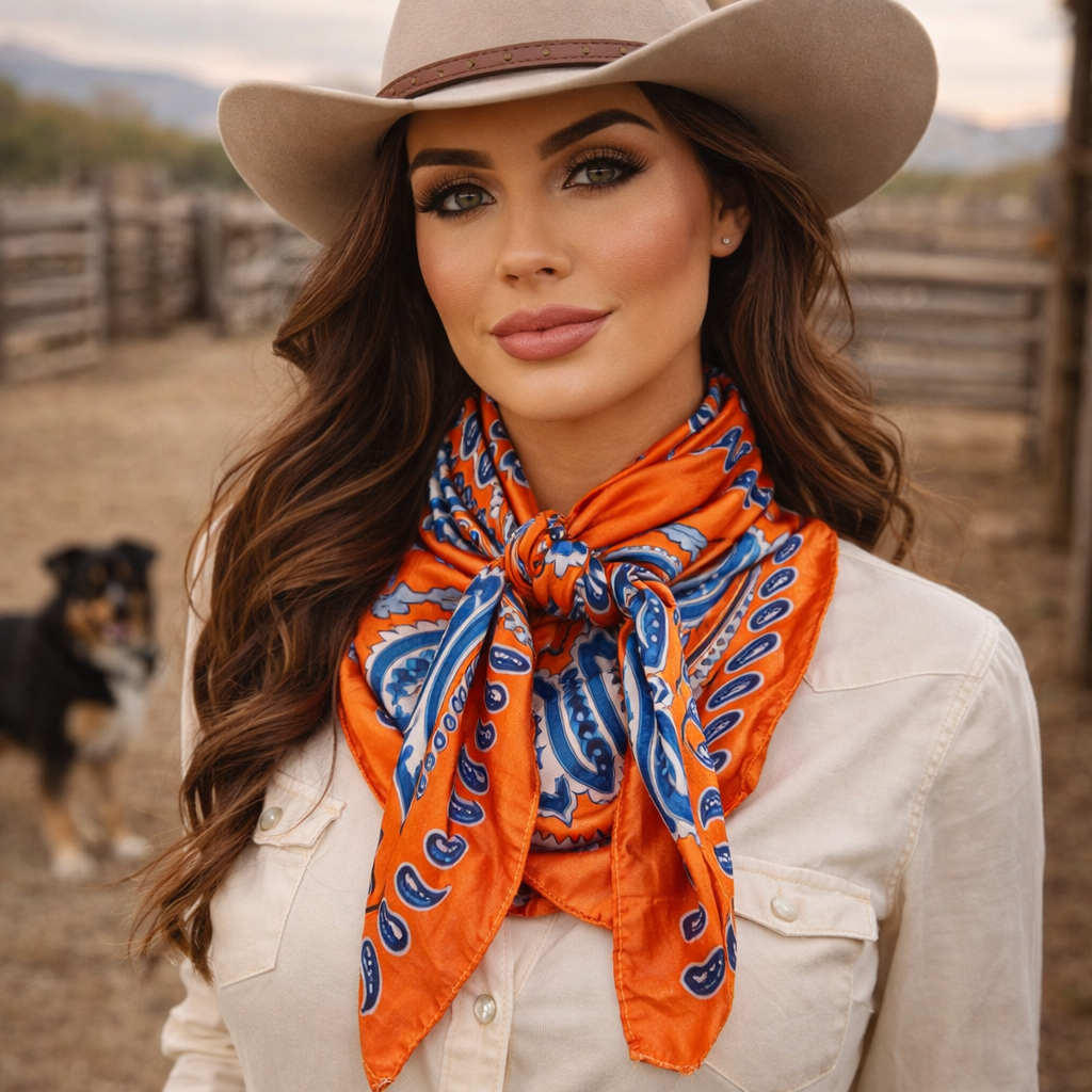 Rodeo Drive - 35X35" Orange and Blue Paisley Wild Rag / Scarf WR3439