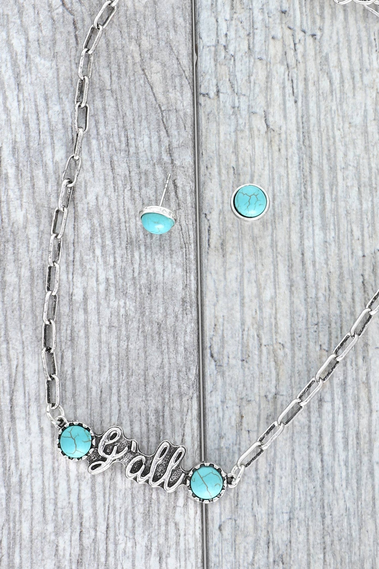 SP Sophia Collection - "Y'all" Turquoise Semi Stone Pendant Chain Necklace Set